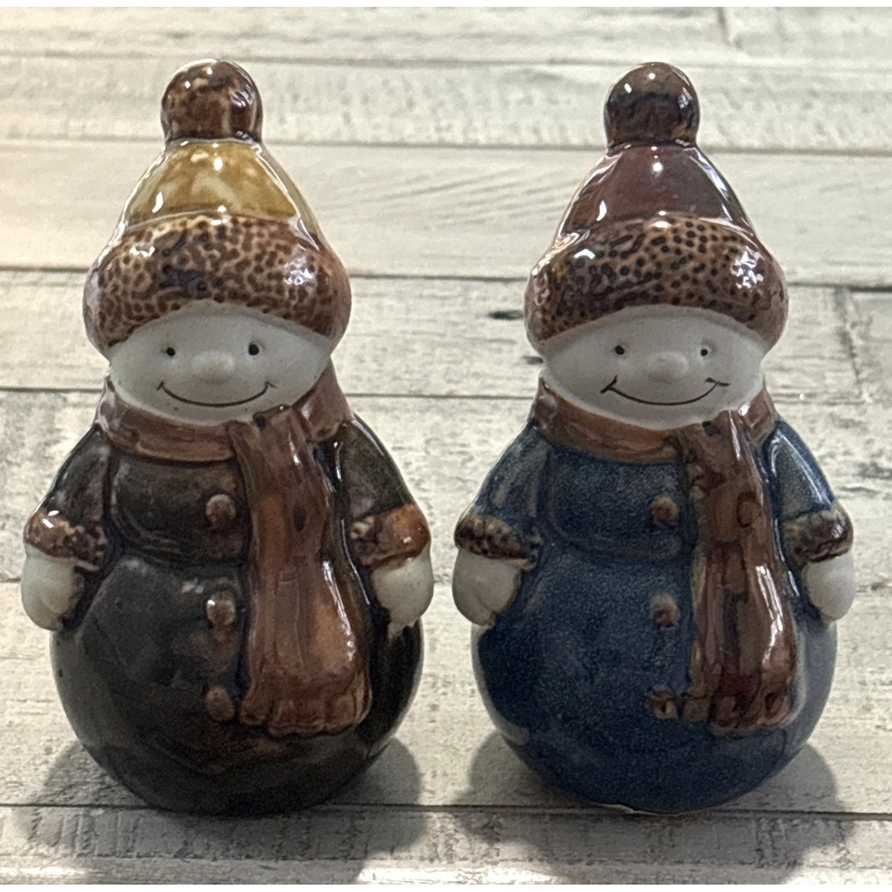 Stoneware Snowmen Figurines 2 Set Christmas Holiday Decor